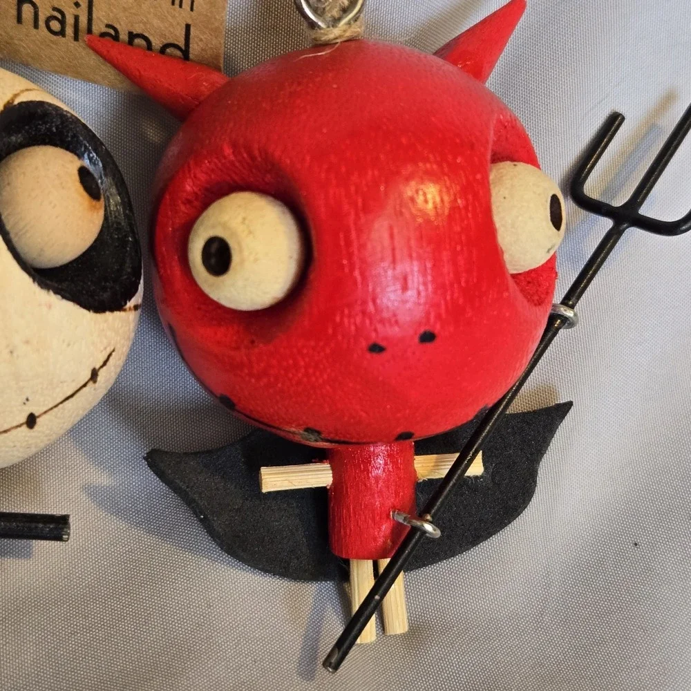 Pier 1 Halloween Devil Skeleton Ornaments Wood Handcrafted Thailand Set of 2